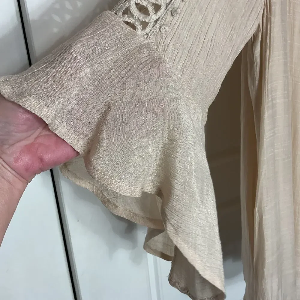 Indigo Rose Beige Crochet Bell Sleeve Lined Boho Peasant Cottage Hippy Tunic M - Picture 3 of 8